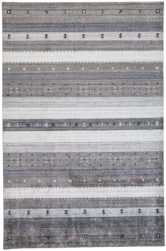 2' X 3' Gray Silver And Black Wool Striped Hand Knotted Stain Resistant Area Rug