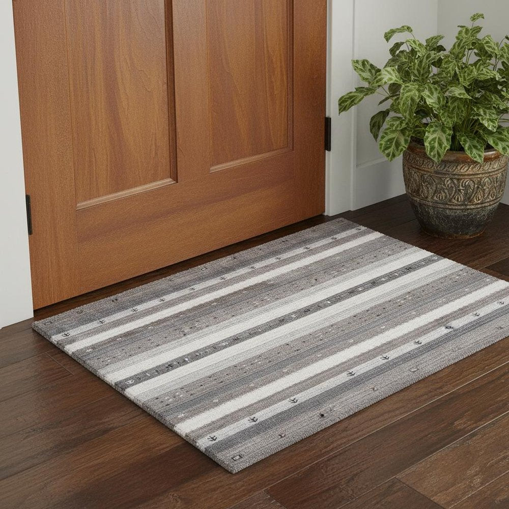 2' X 3' Gray Silver And Black Wool Striped Hand Knotted Stain Resistant Area Rug