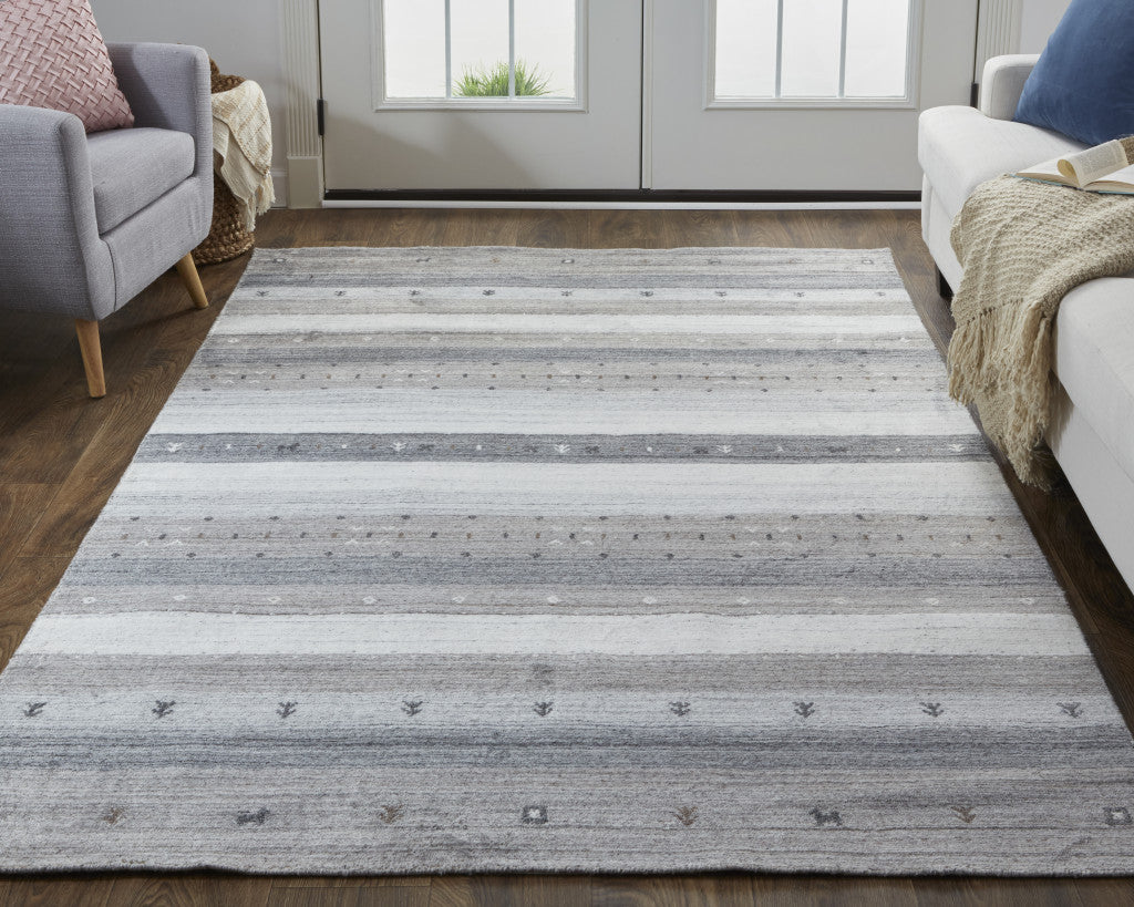 4' X 6' Gray Silver And Black Wool Striped Hand Knotted Stain Resistant Area Rug