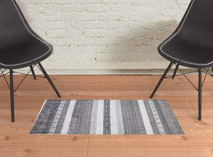 2' X 3' Gray Silver And Black Wool Striped Hand Knotted Stain Resistant Area Rug