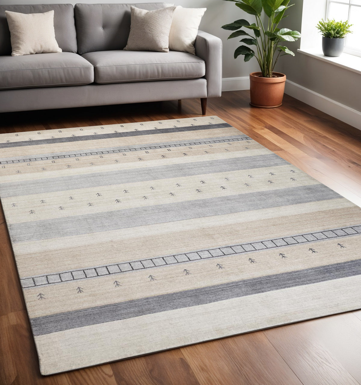 5' X 8' Gray and Ivory Wool Striped Hand Knotted Area Rug