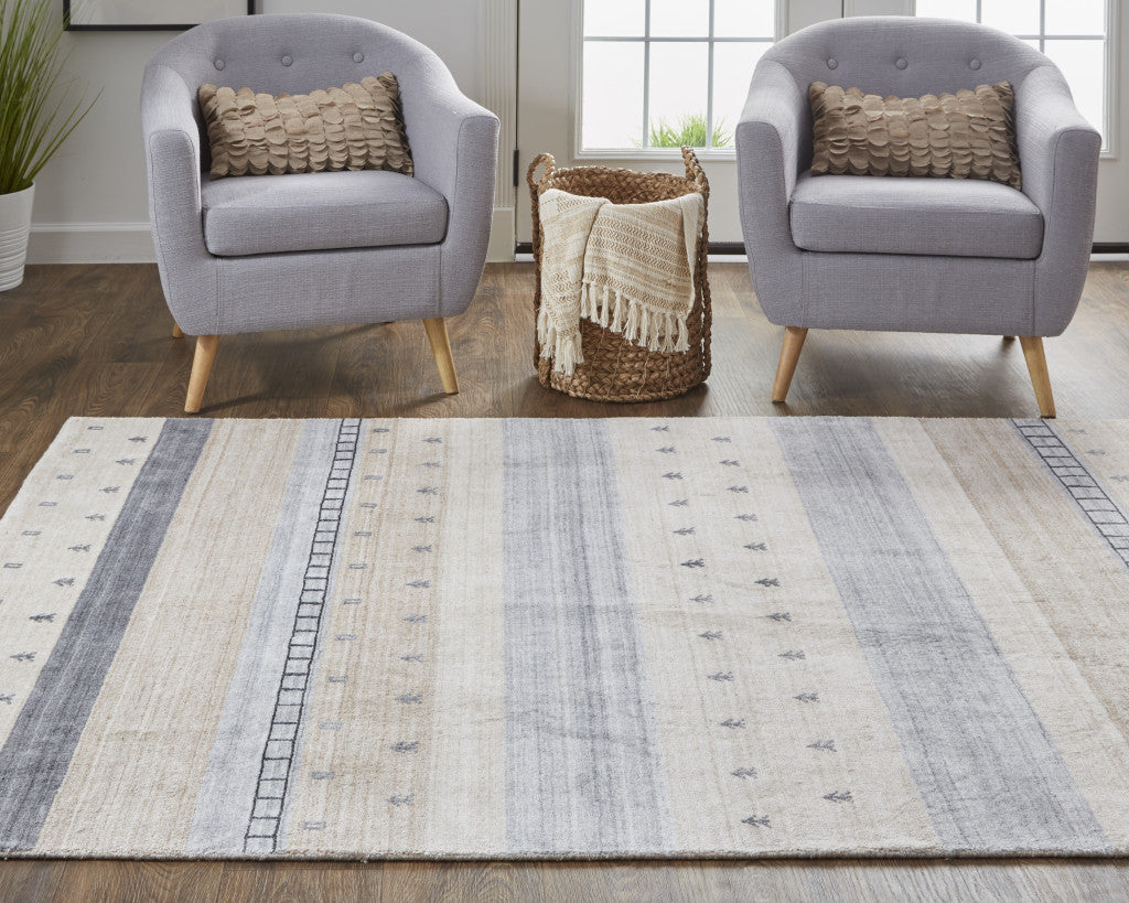 5' X 8' Ivory Tan And Gray Wool Striped Hand Knotted Stain Resistant Area Rug