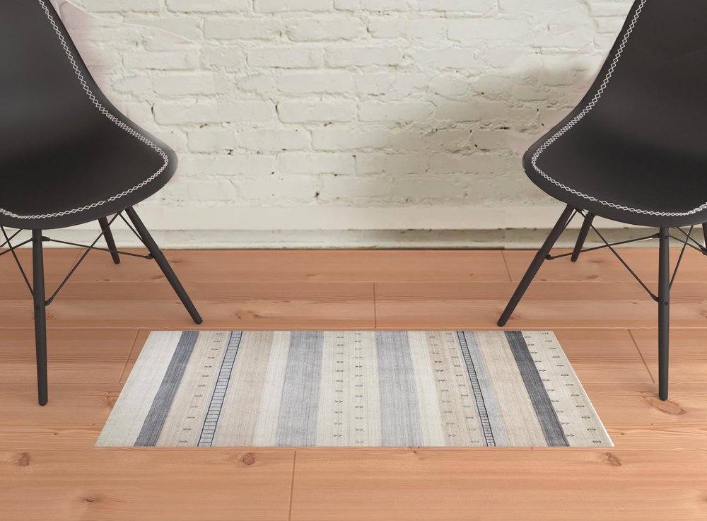 2' X 3' Ivory Tan And Gray Wool Striped Hand Knotted Stain Resistant Area Rug