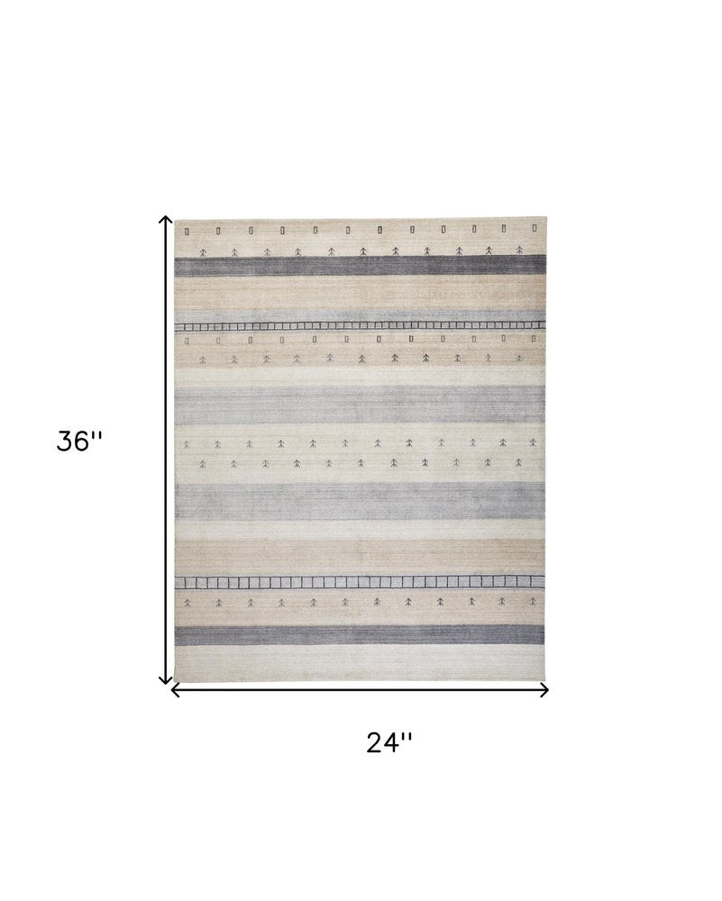 2' X 3' Ivory Tan And Gray Wool Striped Hand Knotted Stain Resistant Area Rug
