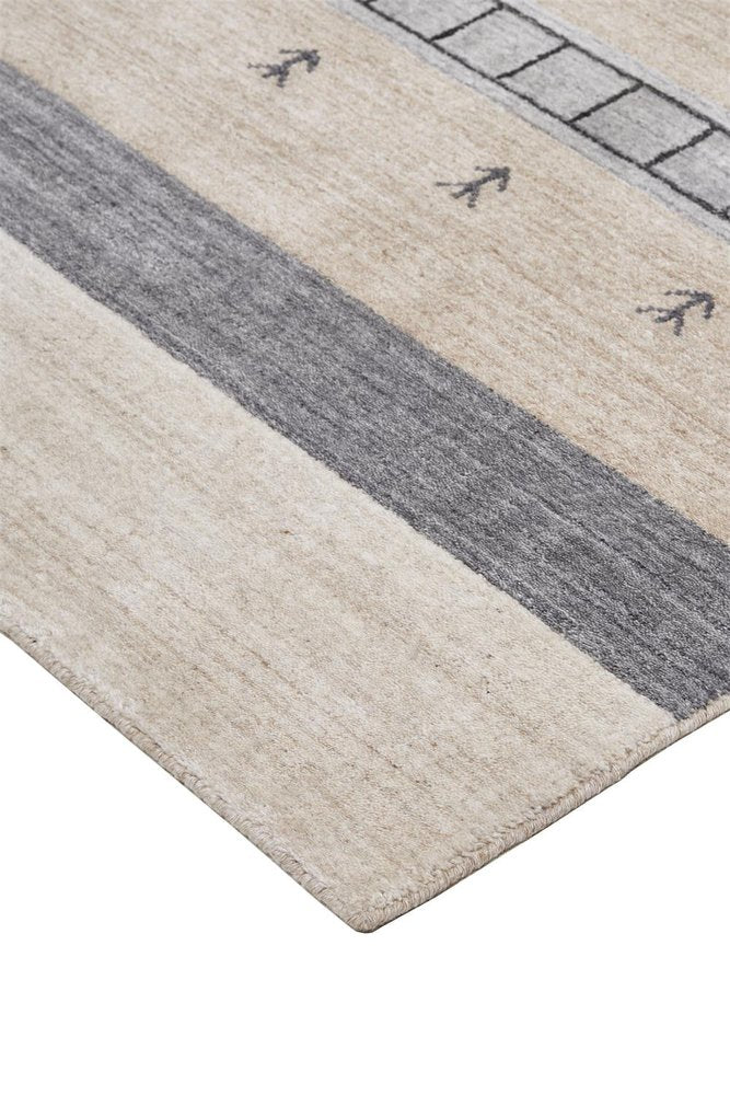 2' X 3' Ivory Tan And Gray Wool Striped Hand Knotted Stain Resistant Area Rug