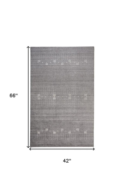 4' X 6' Gray and Ivory Wool Oriental Shag Hand Knotted Area Rug