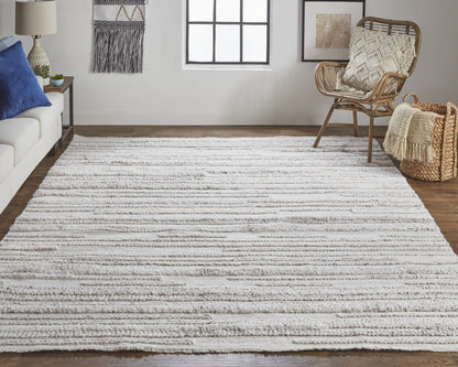 10' X 14' Ivory and Gray Striped Shag Hand Woven Area Rug