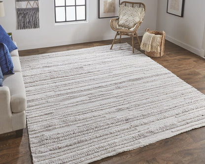 10' X 14' Ivory and Gray Striped Shag Hand Woven Area Rug