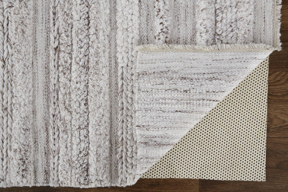 10' X 14' Ivory and Gray Striped Shag Hand Woven Area Rug