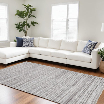 10' X 14' Ivory and Gray Striped Shag Hand Woven Area Rug