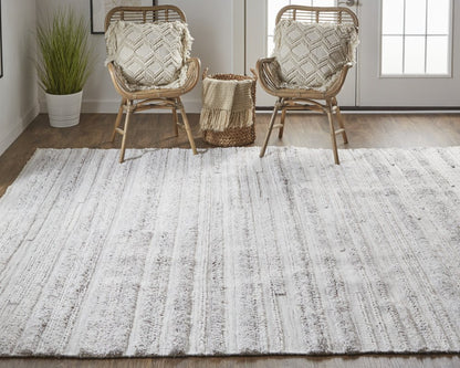 10' X 14' Taupe Ivory And Red Striped Hand Woven Stain Resistant Area Rug