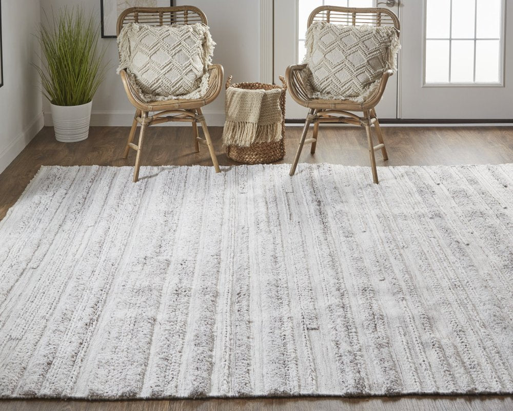 10' X 14' Ivory and Gray Striped Shag Hand Woven Area Rug