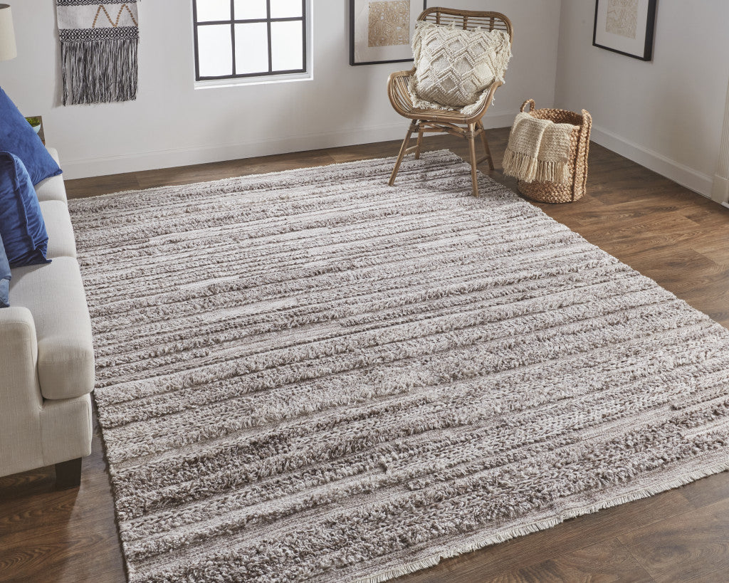 8' X 10' Ivory And Taupe Striped Hand Woven Stain Resistant Area Rug