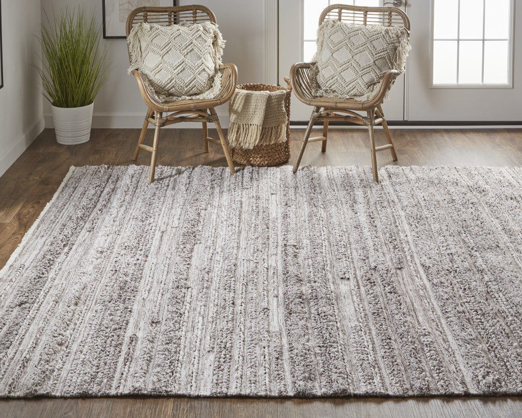 8' X 10' Ivory And Taupe Striped Hand Woven Stain Resistant Area Rug