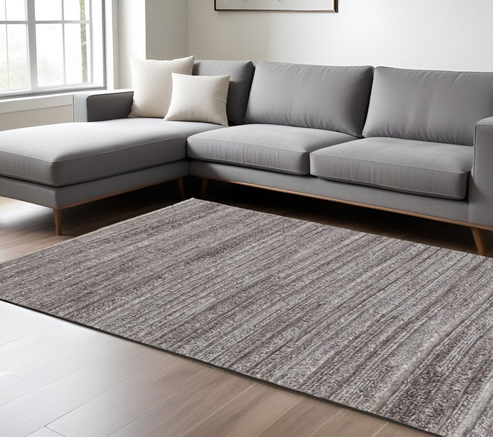 10' X 14' Ivory and Gray Striped Shag Hand Woven Area Rug