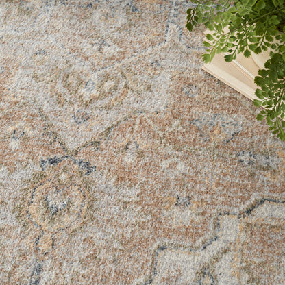 Beige patterned rug with muted brown, blue and gray floral motifs; corner shows a green plant and a stack of books.