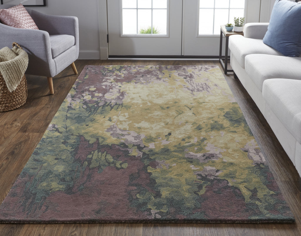 8' X 10' Gold Purple And Green Wool Abstract Tufted Handmade Stain Resistant Area Rug