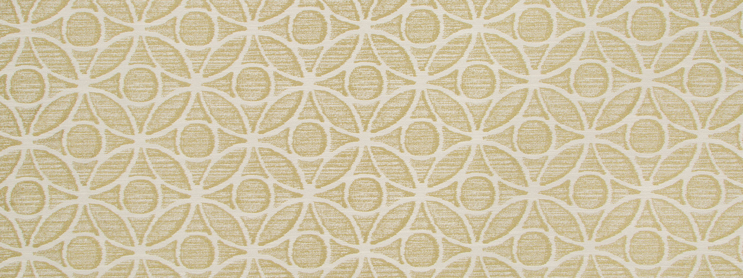 Beige geometric woven fabric pattern with interlocking circles and rings, featuring a subtle textured lattice design