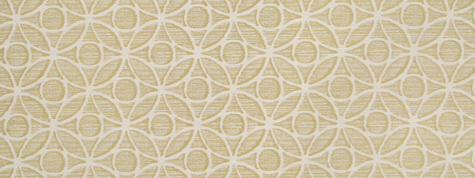 Beige geometric woven fabric pattern with interlocking circles and rings, featuring a subtle textured lattice design