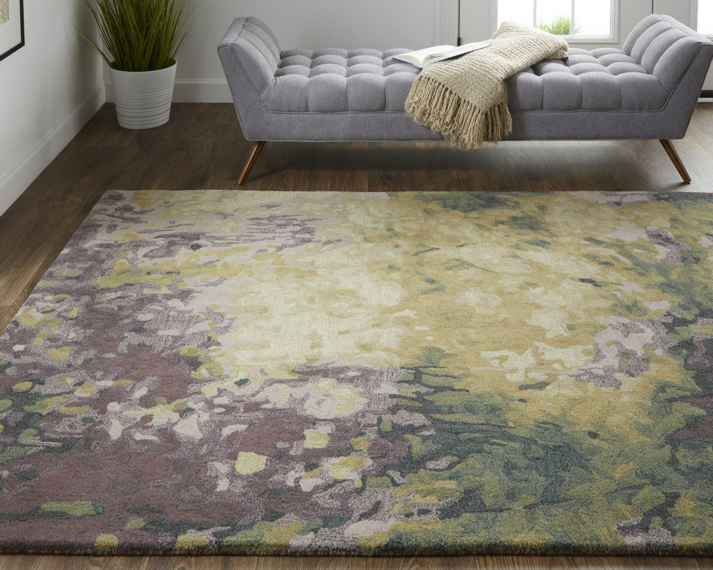 8' X 10' Gold Purple And Green Wool Abstract Tufted Handmade Stain Resistant Area Rug