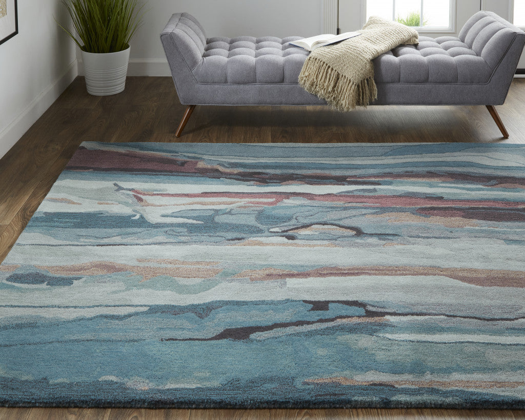 4' X 6' Red Pink And Blue Wool Abstract Tufted Handmade Stain Resistant Area Rug