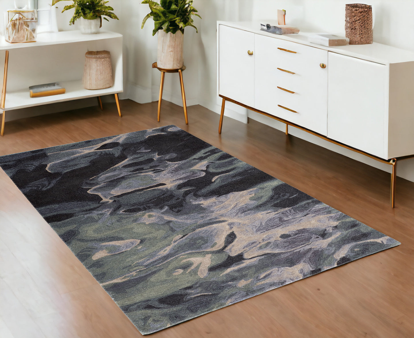 4' x 6' Blue and Black Wool Abstract Hand Tufted Area Rug