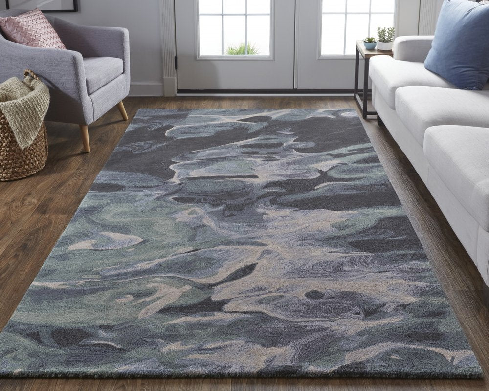 4' X 6' Blue and Black Wool Abstract Hand Tufted Area Rug