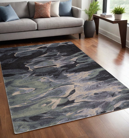 4' X 6' Blue and Black Wool Abstract Hand Tufted Area Rug