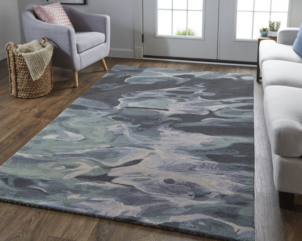 4' X 6' Blue and Black Wool Abstract Hand Tufted Area Rug