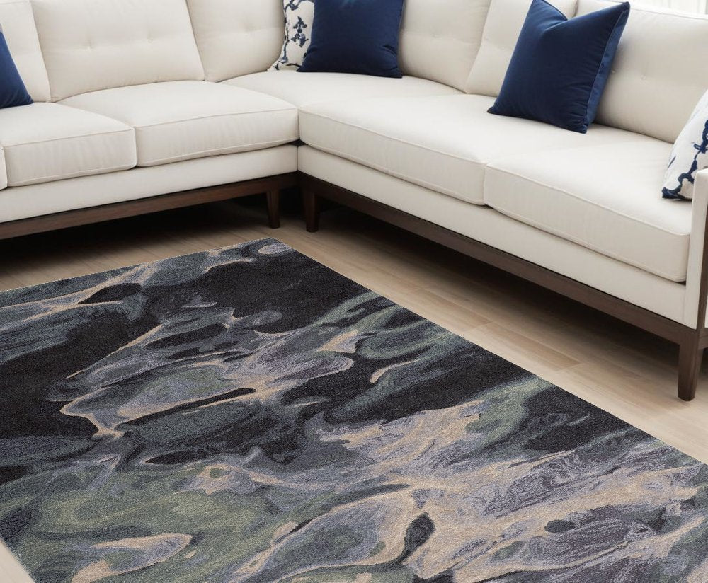 4' X 6' Blue and Black Wool Abstract Hand Tufted Area Rug