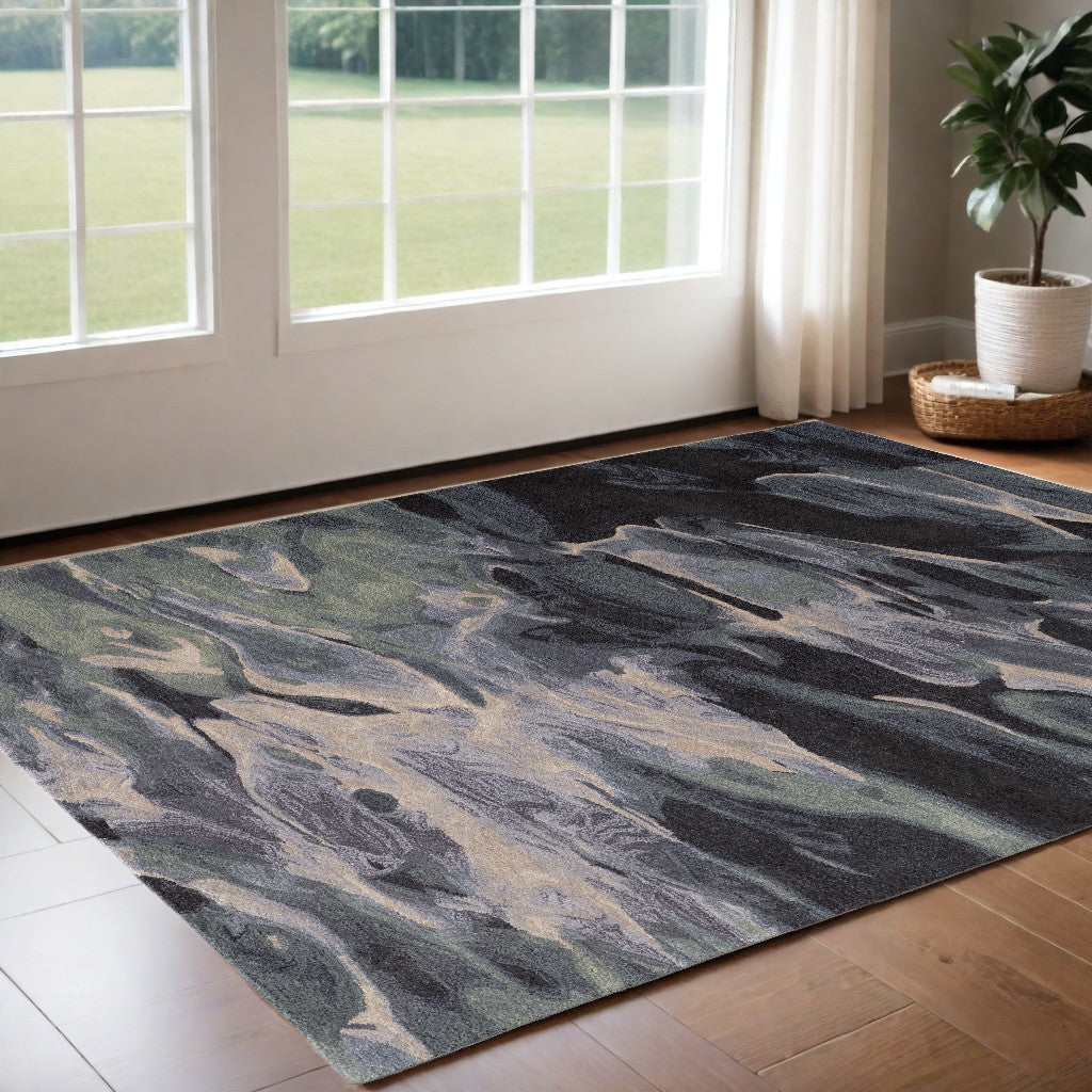 4' x 6' Blue and Black Wool Abstract Hand Tufted Area Rug