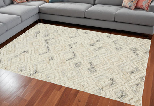 4' X 6' Gray And Ivory Wool Geometric Tufted Handmade Area Rug