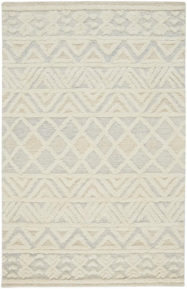 4' X 6' Ivory Blue And Tan Wool Geometric Tufted Handmade Stain Resistant Area Rug