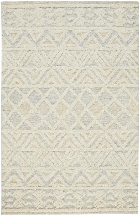 2' X 3' Ivory Blue And Tan Wool Geometric Tufted Handmade Stain Resistant Area Rug