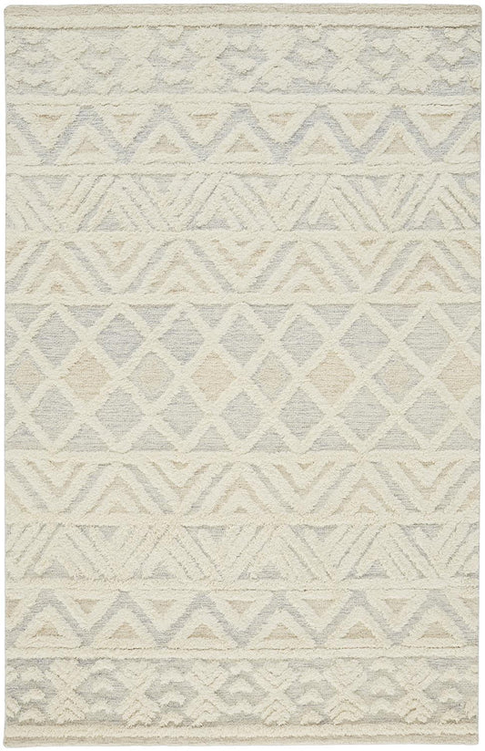 4' X 6' Ivory Blue And Tan Wool Geometric Tufted Handmade Stain Resistant Area Rug