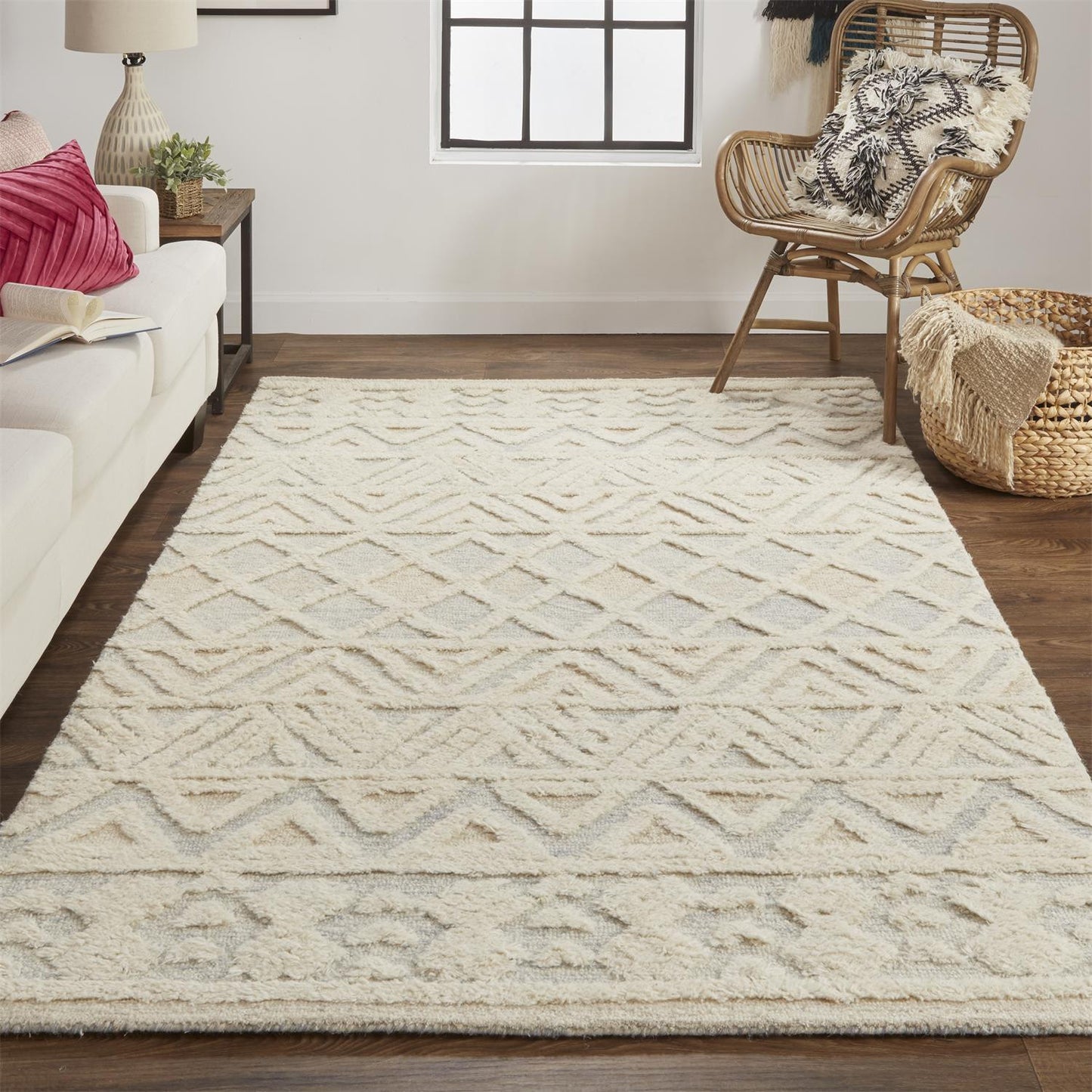 5' X 8' Ivory Blue And Tan Wool Geometric Tufted Handmade Stain Resistant Area Rug