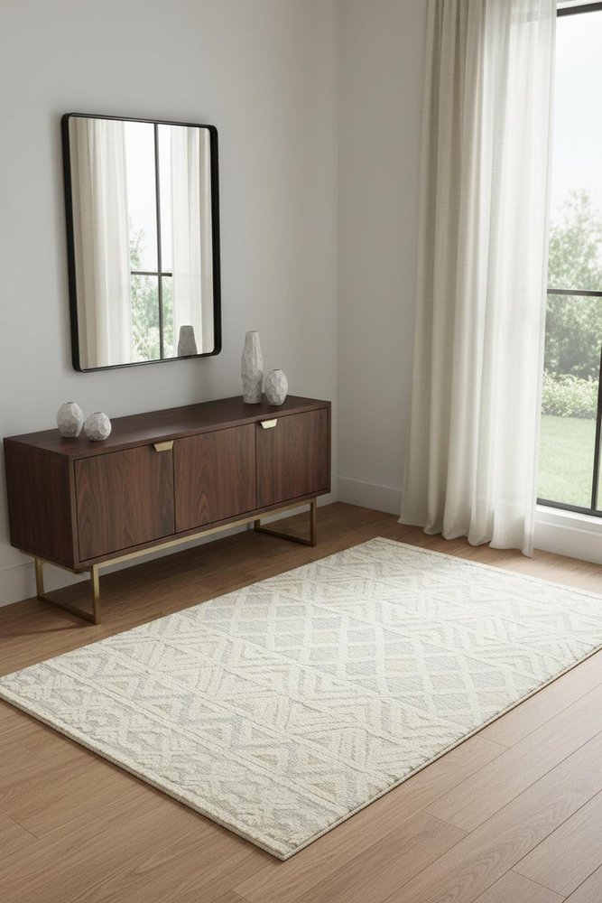 4' X 6' Ivory Blue And Tan Wool Geometric Tufted Handmade Stain Resistant Area Rug