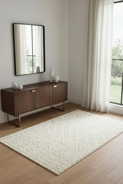 4' X 6' Ivory Blue And Tan Wool Geometric Tufted Handmade Stain Resistant Area Rug