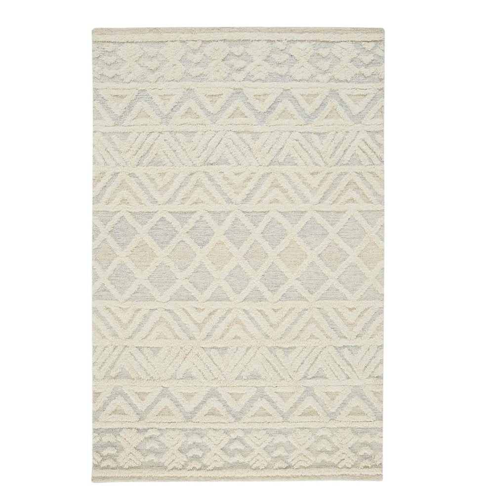 4' X 6' Ivory Blue And Tan Wool Geometric Tufted Handmade Stain Resistant Area Rug