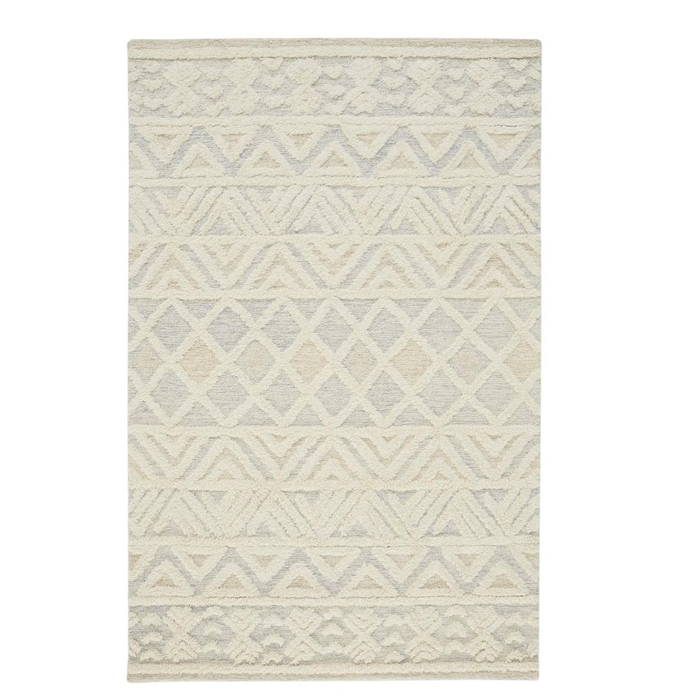 4' X 6' Ivory Blue And Tan Wool Geometric Tufted Handmade Stain Resistant Area Rug