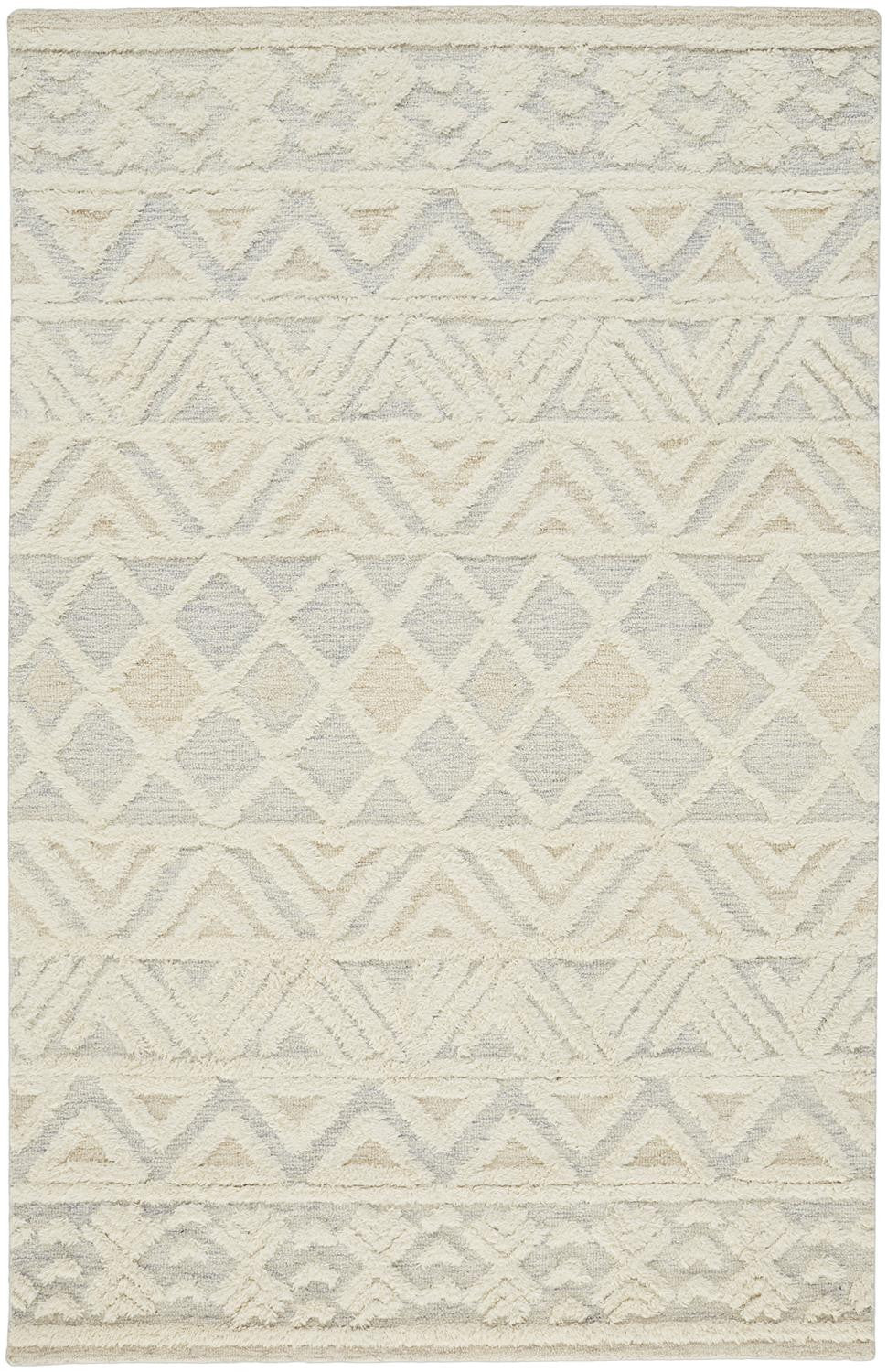 5' X 8' Ivory Blue And Tan Wool Geometric Tufted Handmade Stain Resistant Area Rug