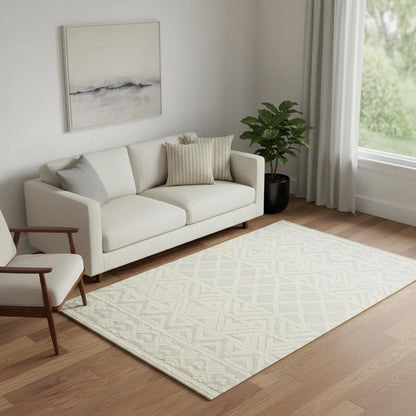 4' X 6' Ivory Blue And Tan Wool Geometric Tufted Handmade Stain Resistant Area Rug
