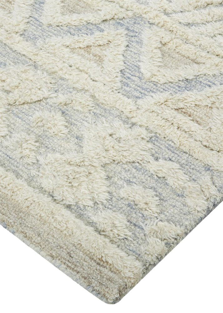 2' X 3' Ivory Blue And Tan Wool Geometric Tufted Handmade Stain Resistant Area Rug