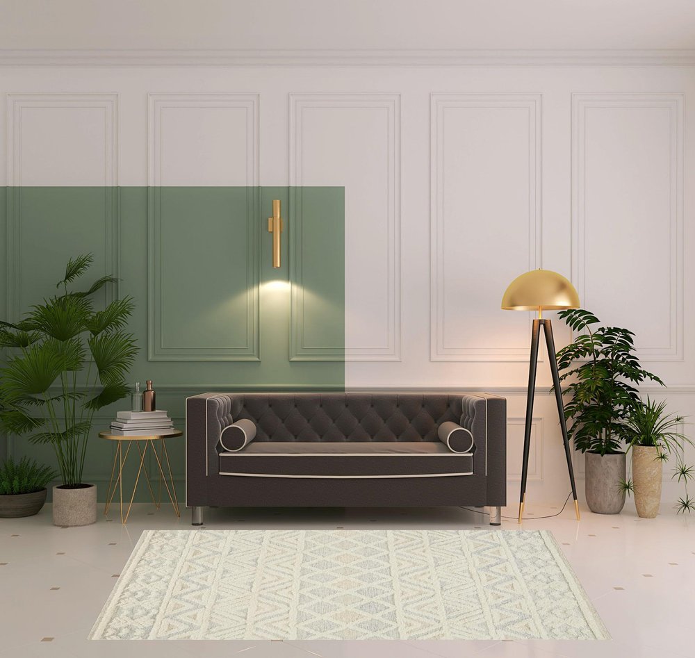 4' X 6' Ivory Blue And Tan Wool Geometric Tufted Handmade Stain Resistant Area Rug