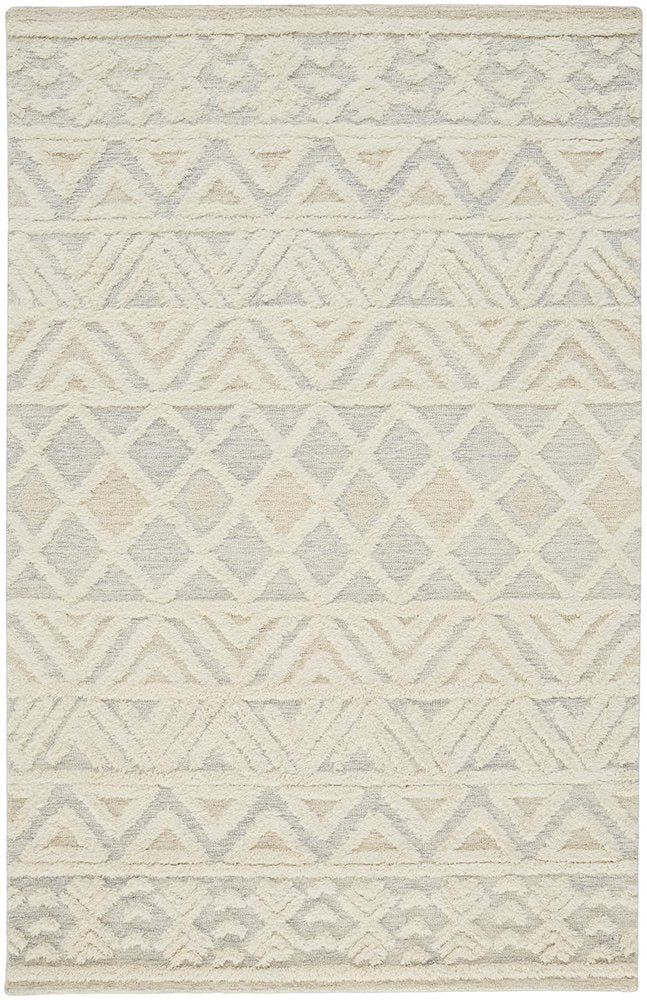 4' X 6' Ivory Blue And Tan Wool Geometric Tufted Handmade Stain Resistant Area Rug