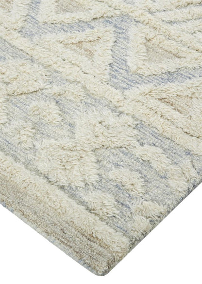 2' X 3' Ivory Blue And Tan Wool Geometric Tufted Handmade Stain Resistant Area Rug