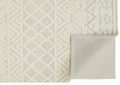 2' X 3' Ivory Blue And Tan Wool Geometric Tufted Handmade Stain Resistant Area Rug