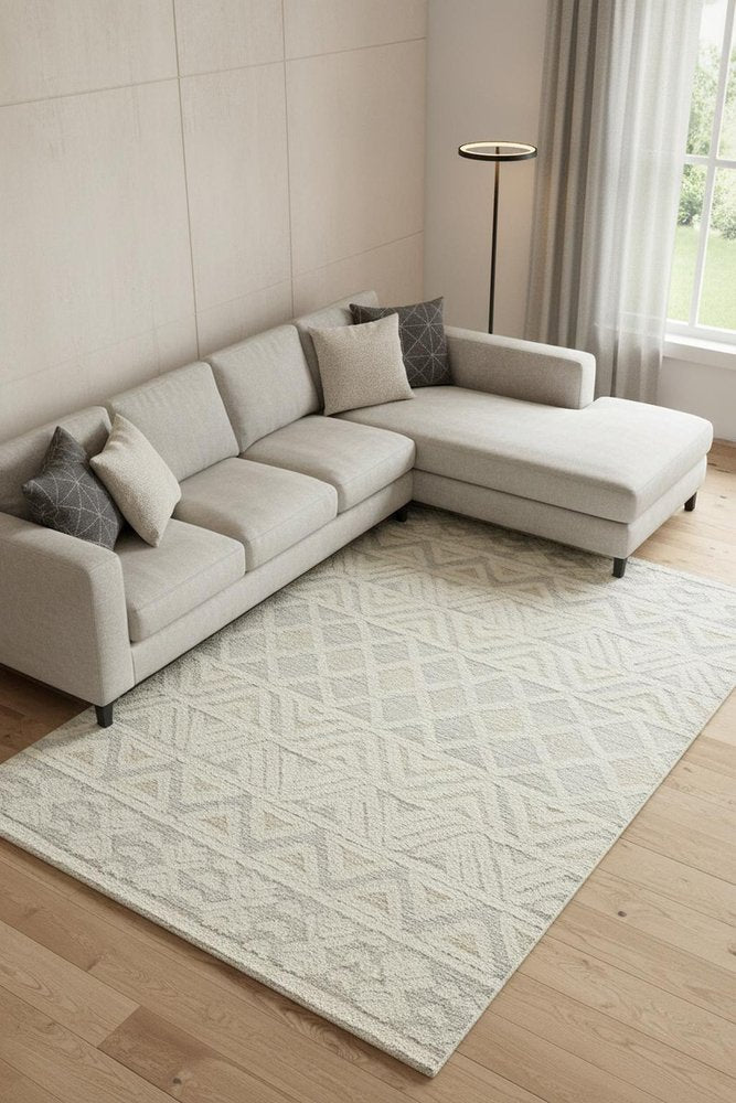 4' X 6' Ivory Blue And Tan Wool Geometric Tufted Handmade Stain Resistant Area Rug