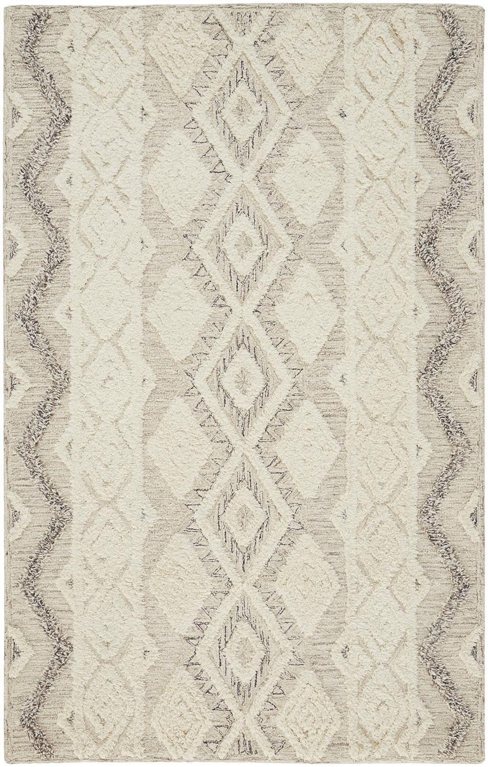 5' X 8' Ivory Taupe And Gray Wool Geometric Tufted Handmade Stain Resistant Area Rug