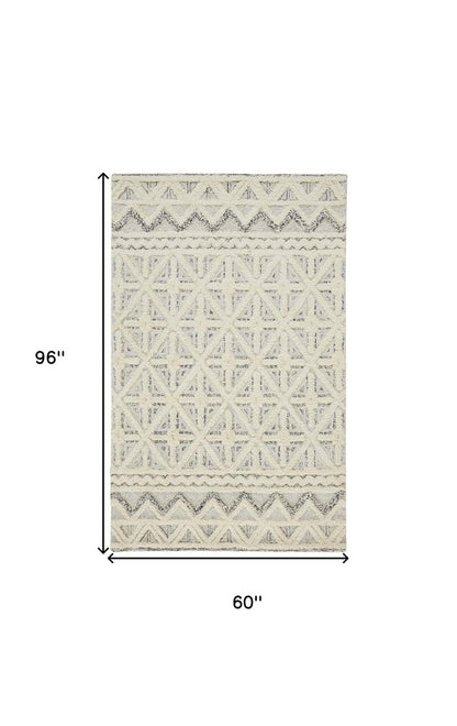 5' X 8' Ivory And Black Wool Geometric Tufted Handmade Stain Resistant Area Rug